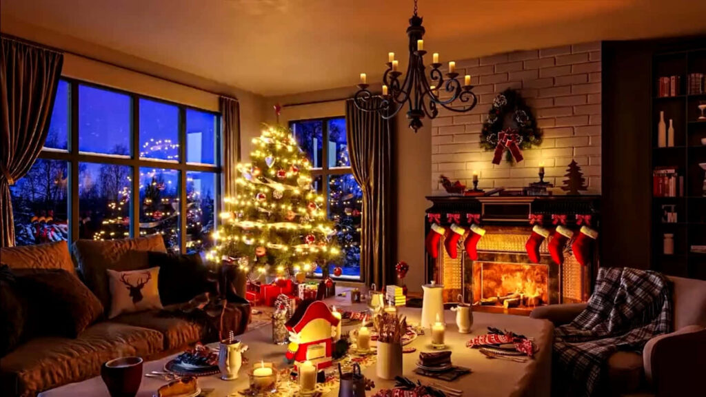 Cozy Christmas Living Room: Twinkling Tree, Fire & Festive Decor Wallpaper