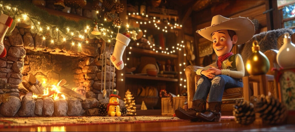 Cozy Christmas in a Log Cabin with Cheerful Cowboy Toy & Decor Wallpaper