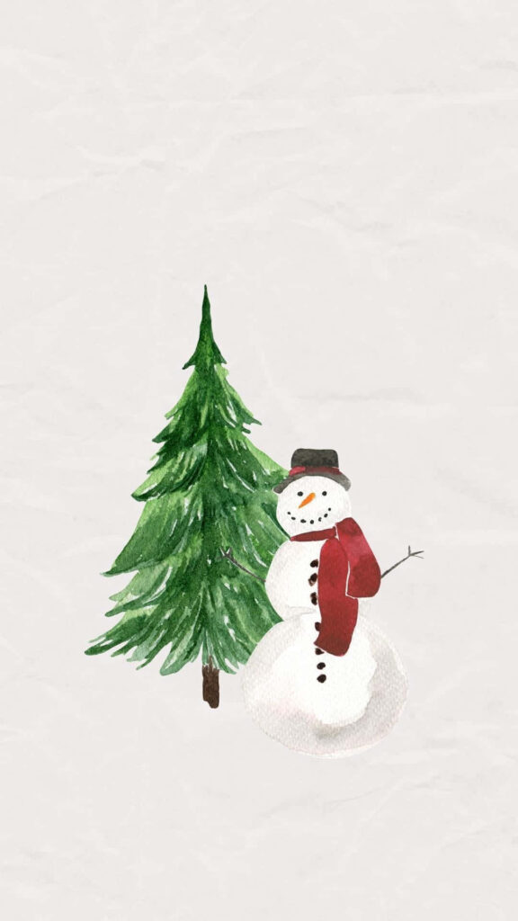 Cheerful Christmas Snowman Phone Wallpaper with Cozy Tree Design