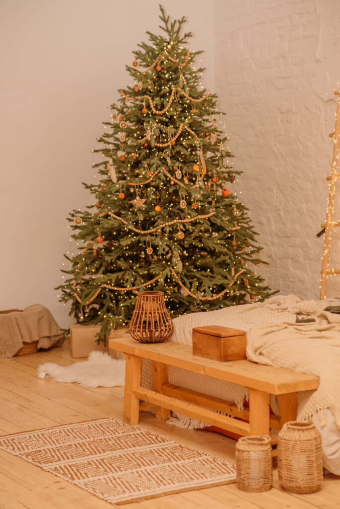 Cozy Room with Festive Tree & Rustic Charm: Perfect Holiday Vibes Wallpaper