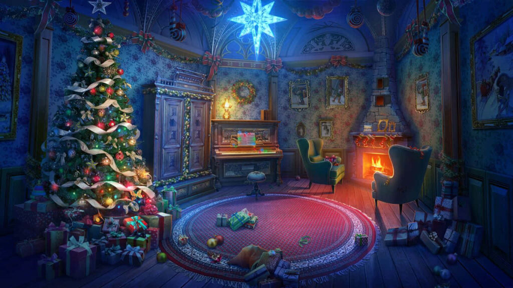 Cozy Christmas Room: Festive Tree, Wreaths & Warm Fireplace Glow Wallpaper
