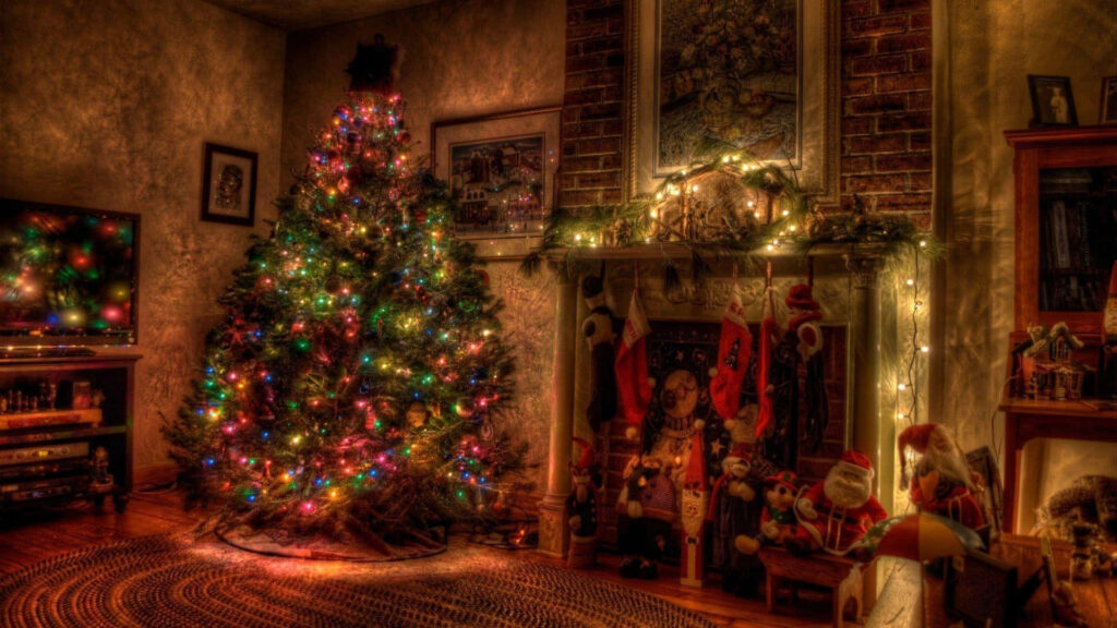Cozy Christmas Room Wallpaper: Festive Tree & Warm Fireplace Background