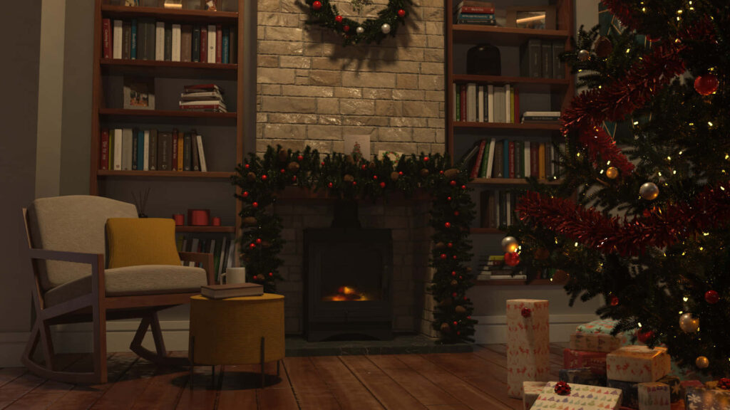 Cozy Christmas Room with Tree, Fireplace, and Reading Nook Ambiance Wallpaper