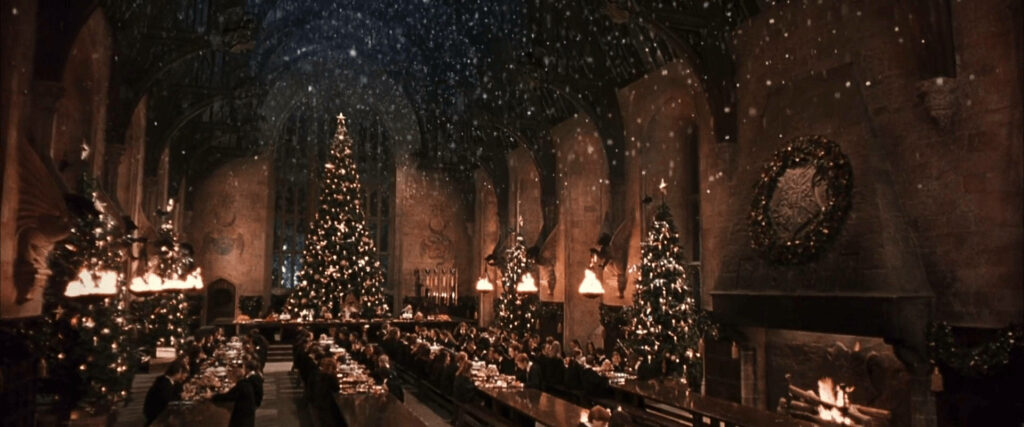 Cozy Christmas Hall Wallpaper: Festive Trees & Candlelight Glow