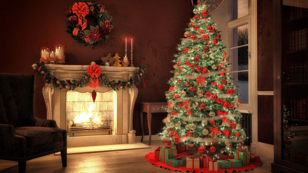 Cozy Christmas Scene: Warm Fireplace, Tree & Festive Decorations Wallpaper