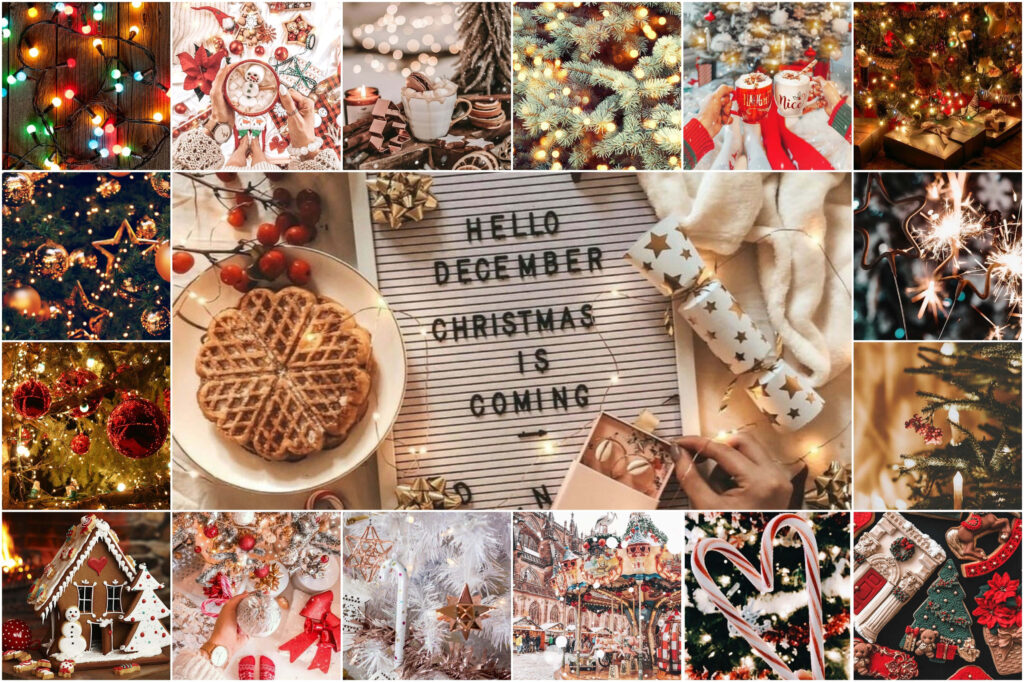 Cozy Christmas Collage Wallpaper: Lights, Gifts & Cheerful Decor