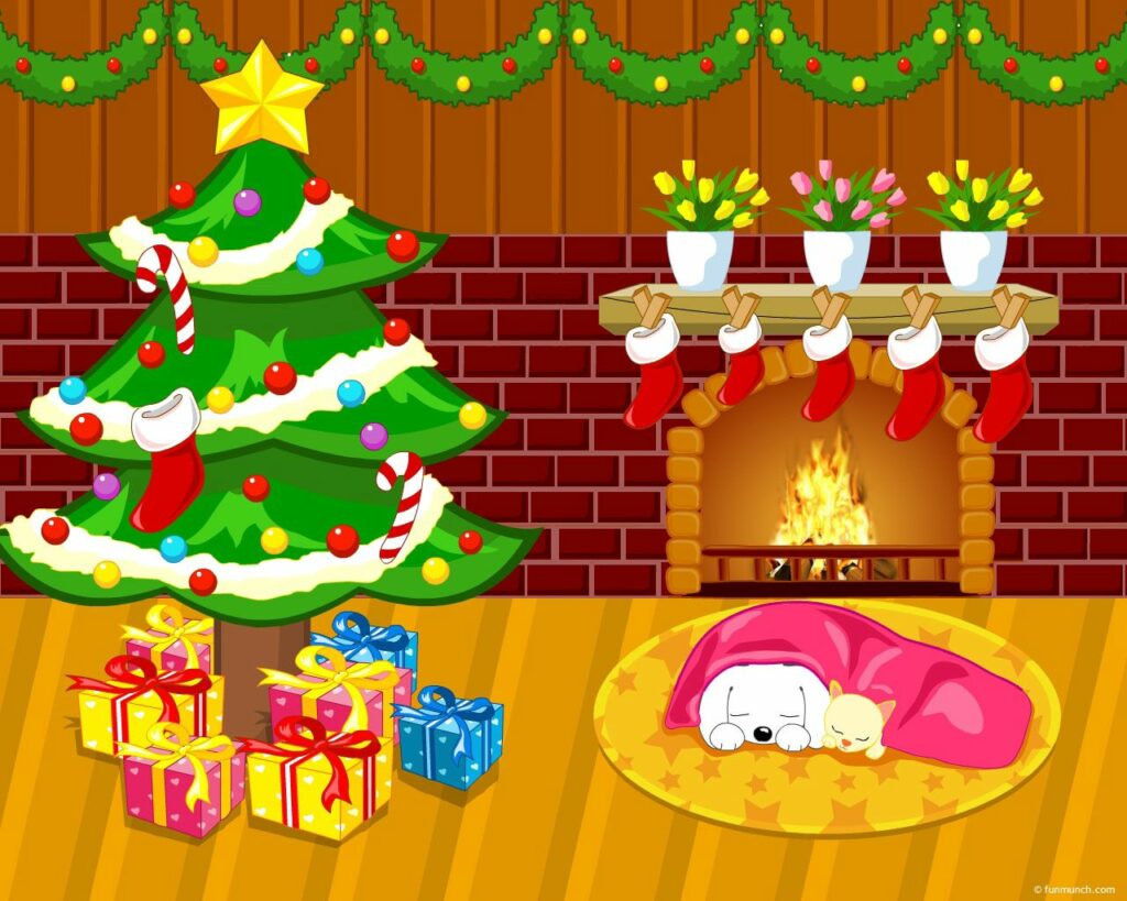 Cozy Holiday Wallpaper: Christmas Tree, Gifts & Sleeping Pets