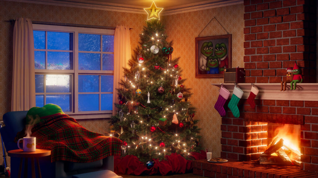 Cozy Christmas Scene: Glowing Fireplace & Festive Decor Wallpaper