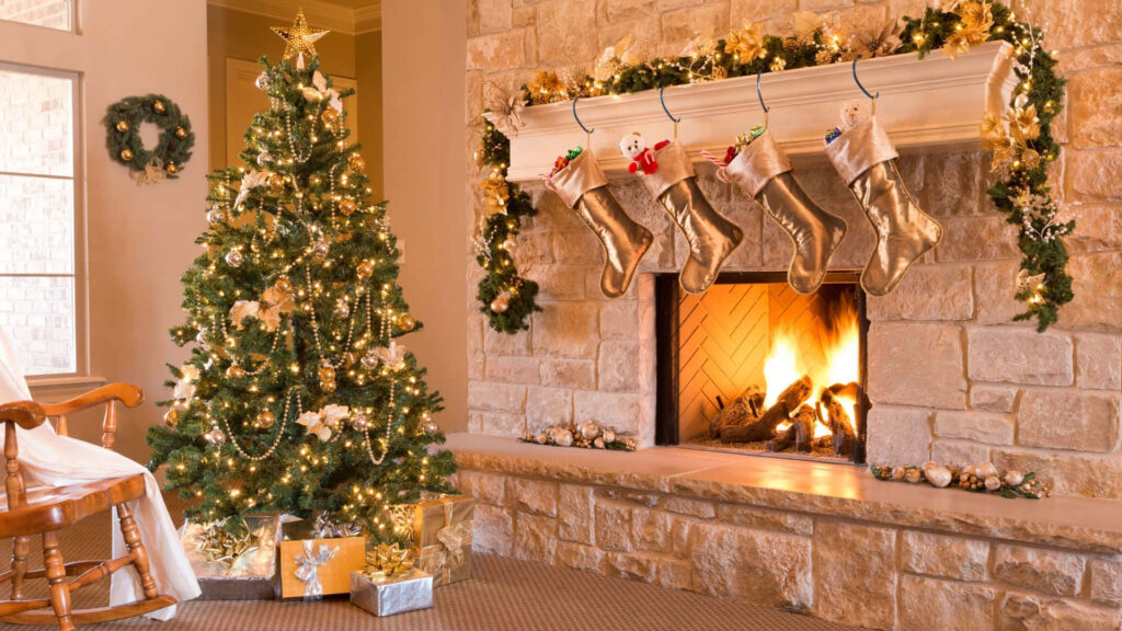 Cozy Christmas Wallpaper: Fireplace & Festive Tree Background