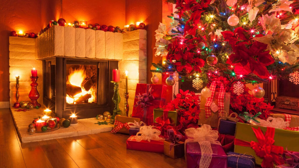 Cozy Christmas Wallpaper: Warm Fireplace & Festive Decor Background