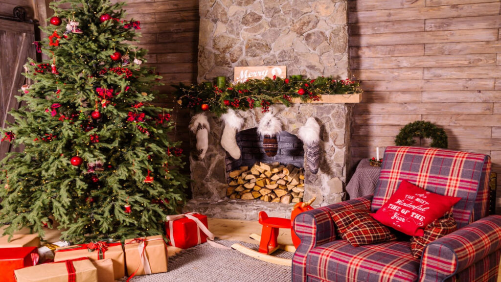 Festive Christmas Living Room Wallpaper with Tree and Cozy Decor