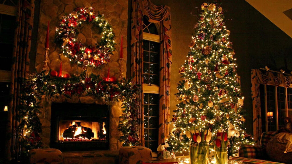 Cozy Christmas Room Wallpaper with Tree & Festive Fireplace Decor