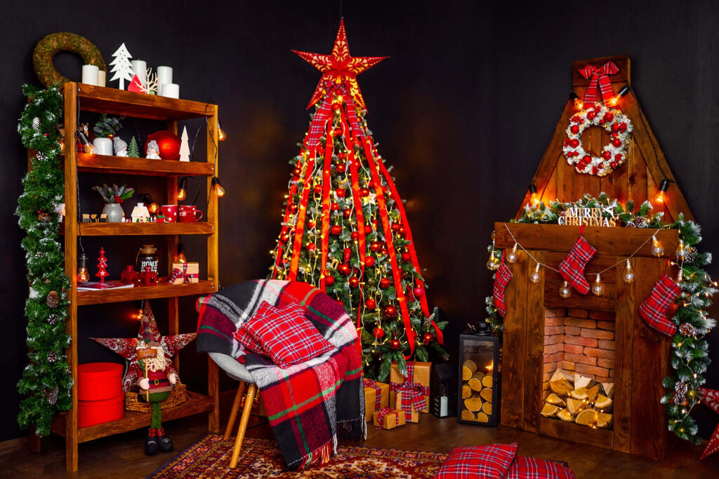 Cozy Festive Wallpaper: Christmas Tree & Rustic Fireplace Decor