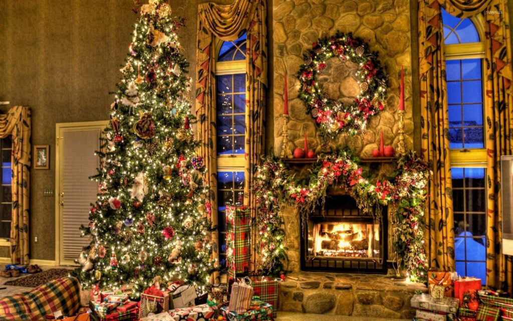 Cozy Christmas Wallpaper: Festive Tree & Warm Fireplace Charm