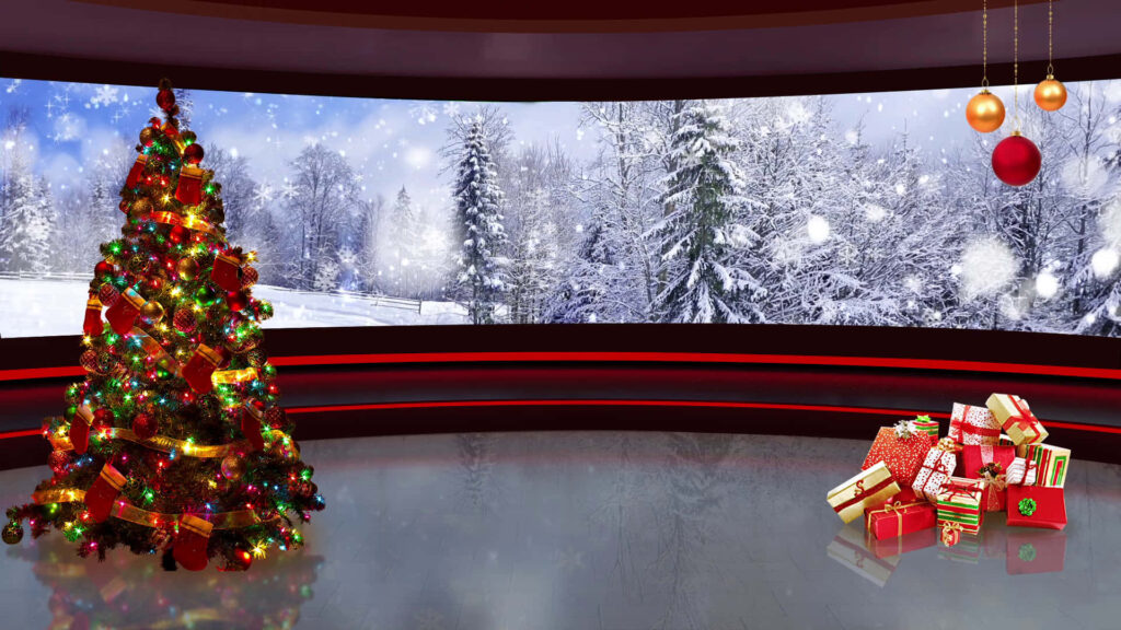 “Cozy Christmas Wallpaper: Holiday Magic with Decorated Tree & Snow”