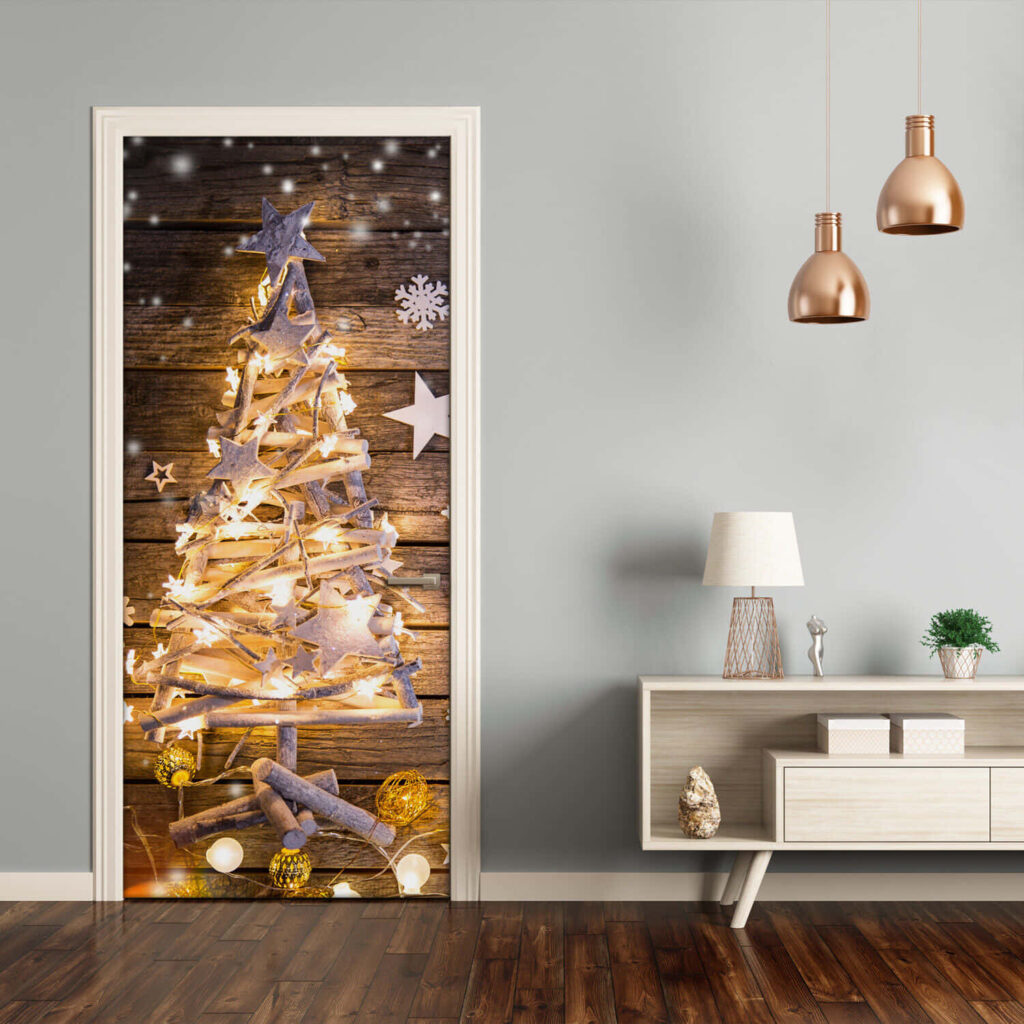 Cozy Christmas Wallpaper: Festive Tree & Rustic Wooden Door
