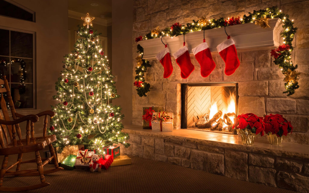 Cozy Christmas Wallpaper: Fireplace, Decorated Tree & Holiday Cheer