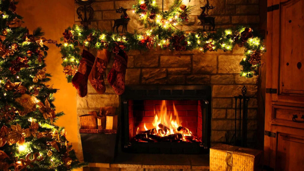 Cozy Christmas Wallpaper with Fireplace & Festive Decor Background