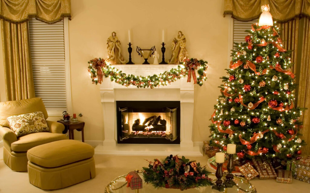 Cozy Christmas Wallpaper: Festive Fireplace & Decorated Tree