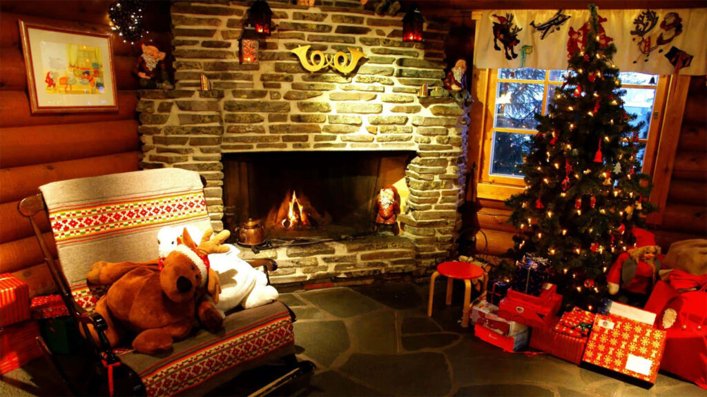 Cozy Christmas Wallpaper: Fireplace, Tree & Rustic Room Decor