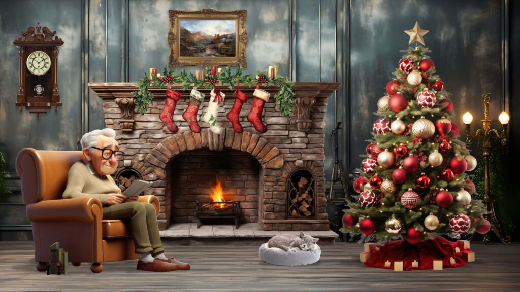 Cozy Christmas Scene with Fireplace, Tree & Relaxing Man | Background Wallpaper