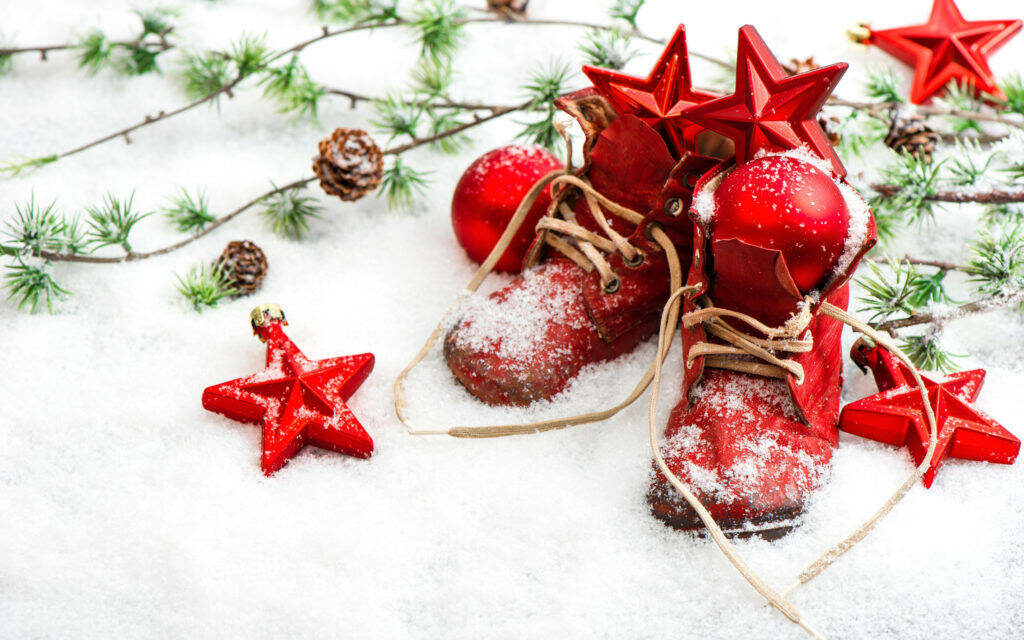Cozy Christmas Wallpaper: Red Boots, Snow & Pine Branches