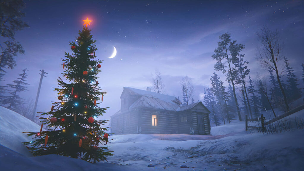 Cozy Christmas Wallpaper: Snowy Cabin & Tree Under Moonlit Sky