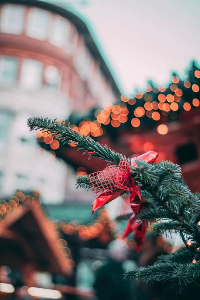 Festive Christmas Tree Branch with Red Ribbon & Cozy Bokeh Background Wallpaper