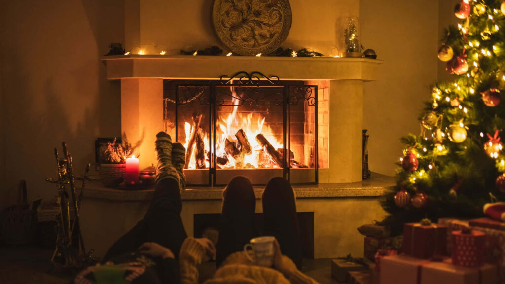 Cozy Christmas Wallpaper: Warm Fireplace & Festive Tree Delight