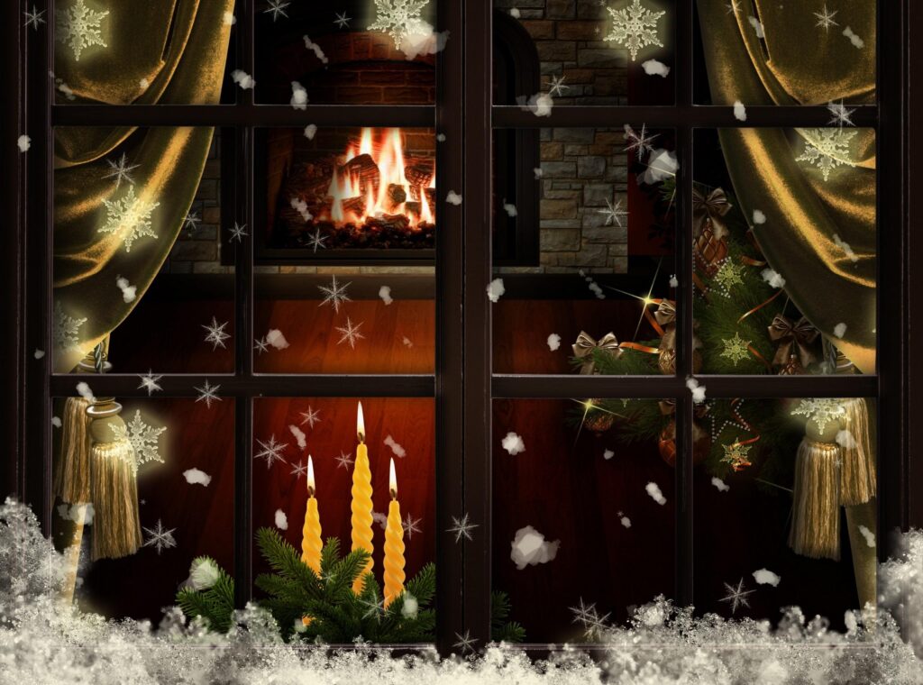 Cozy Christmas Wallpaper: Inviting Winter Scene with Fireplace & Tree