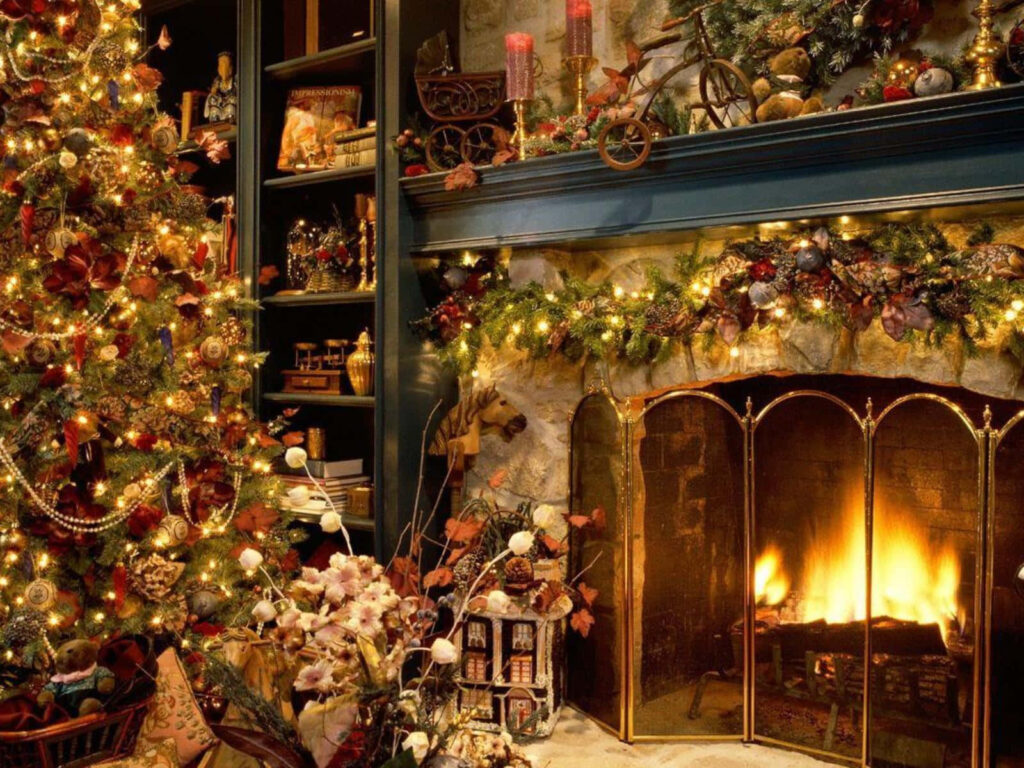 Cozy Christmas Wallpaper: Warm Fireplace & Festive Decor Background