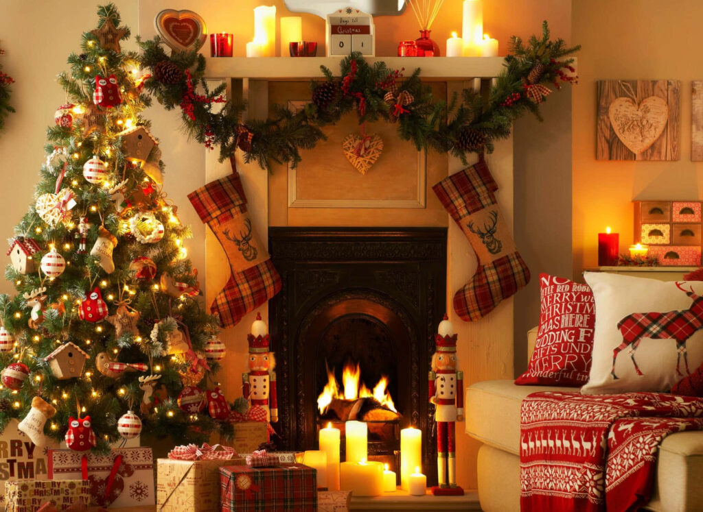 Cozy Christmas Wallpaper: Fireplace, Tree, & Festive Decorations