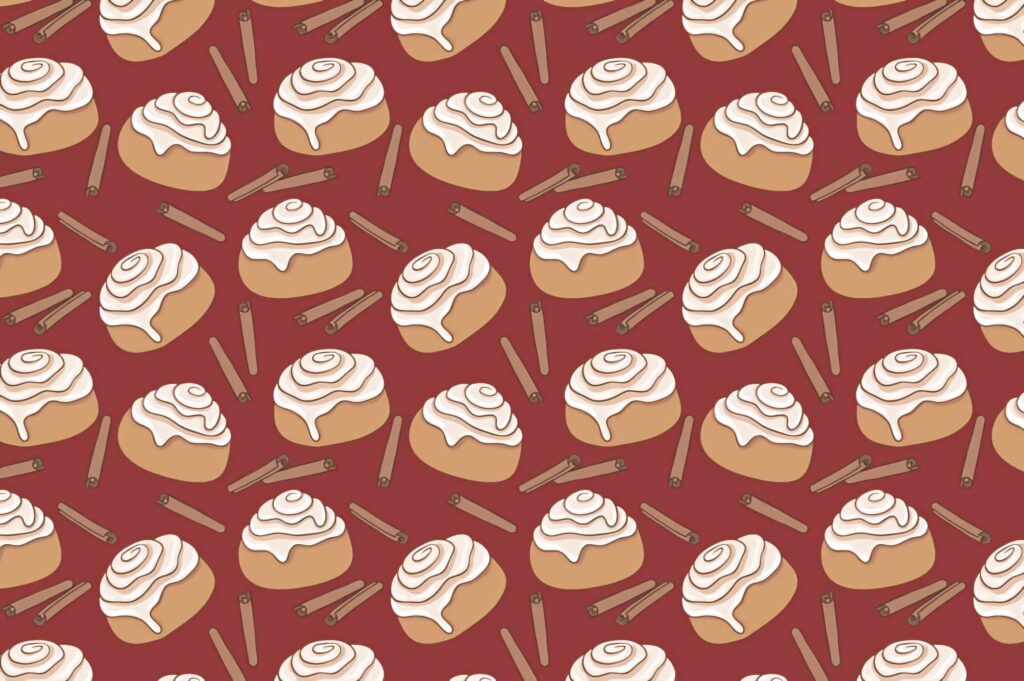 Seamless cinnamon rolls wallpaper with creamy icing and cinnamon sticks on maroon background