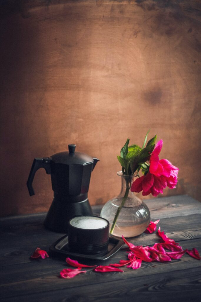 Cozy Wallpaper: Black Coffee Kettle and Pink Peony Elegance
