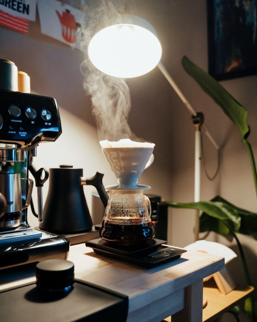 Cozy Coffee Setup: Steam, Pour-Over, and Warm Ambience Wallpaper