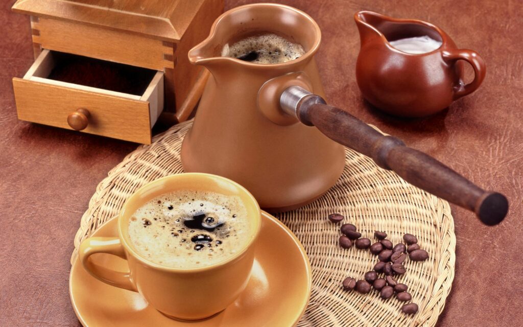 Warm Coffee Wallpaper: Cup, Turk, Grains & Grinder for Enthusiasts