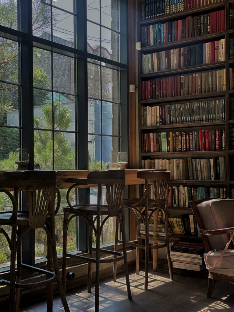 Sunlight fills cozy contemporary library corner with wooden chairs and colorful bookshelves wallpaper