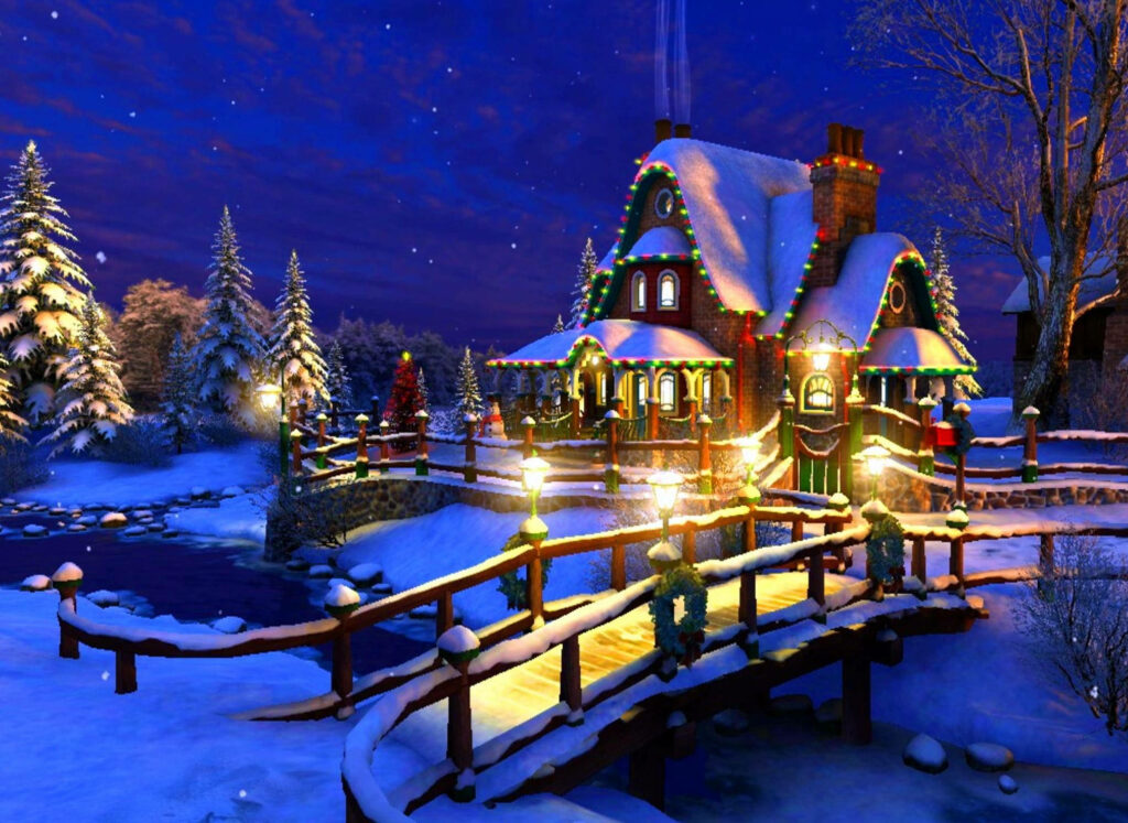 Cozy Cottage Wallpaper: Snowy Landscape with Colorful Lights
