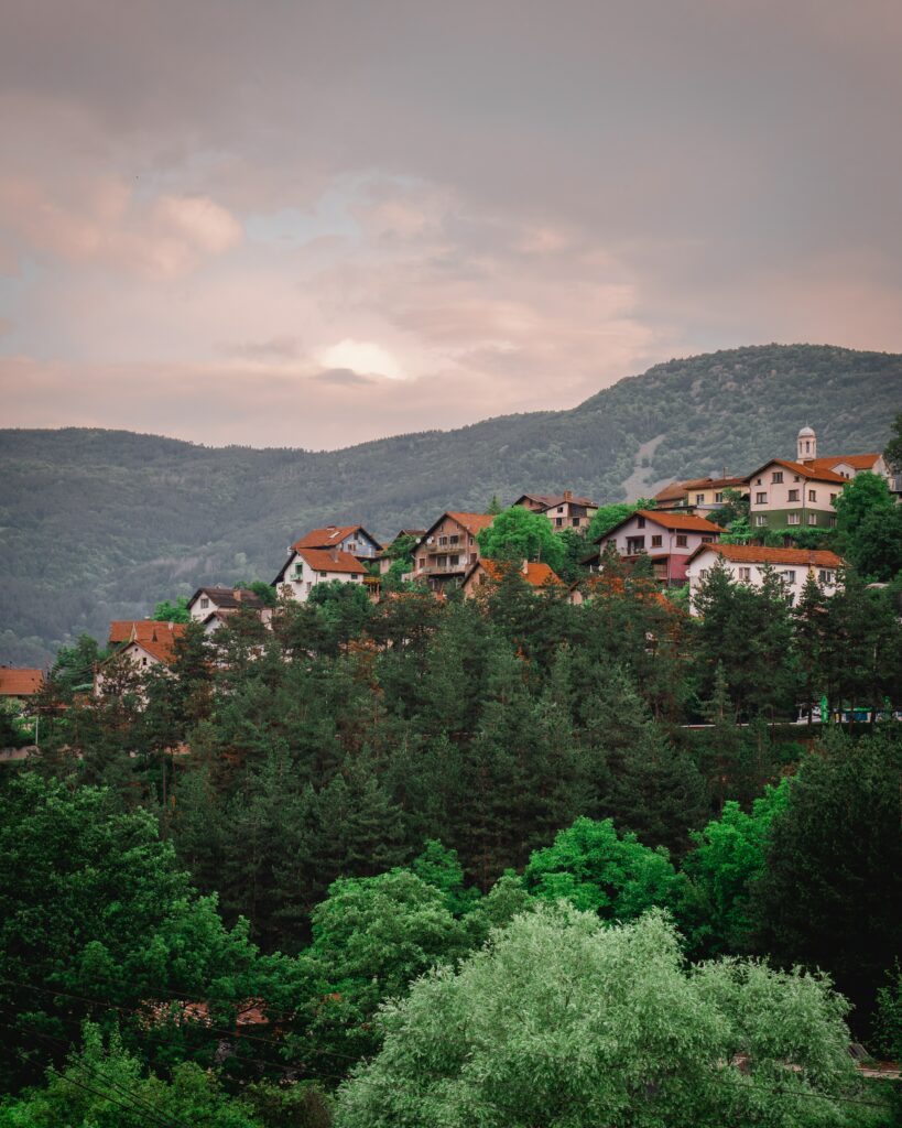 Charming red rooftop buildings nestled on forested hill with mountains and pastel sky background Wallpaper