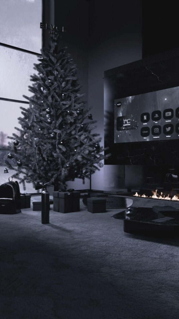 Cozy Dark Aesthetic Christmas Tree Wallpaper with Fireplace Glow