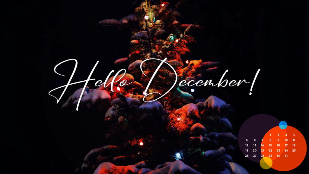 Festive Christmas tree with colorful lights and snow Hello December 2021 calendar wallpaper