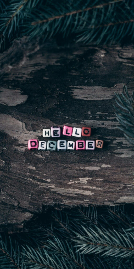 Cozy December: Colorful Wooden Blocks on Rustic Background with Evergreens Wallpaper
