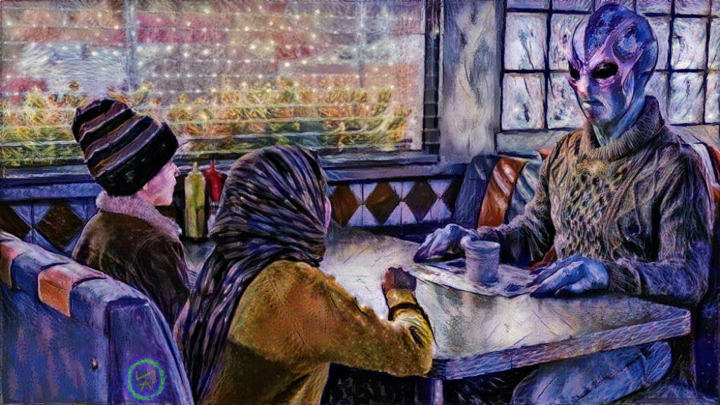 Cozy Diner Vibe: Resident Alien Artwork with Snowy Background Wallpaper