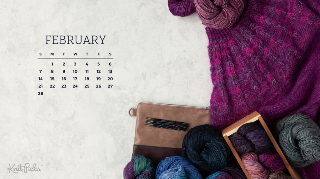 2021 February wall calendar wallpaper cozy knit theme colorful yarn knitting needles purple garment