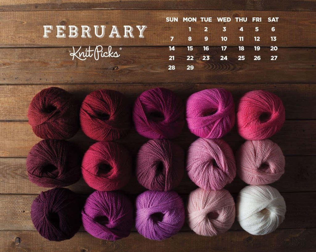 February calendar wallpaper with 15 yarn balls gradient on rustic wood Knit Picks branding