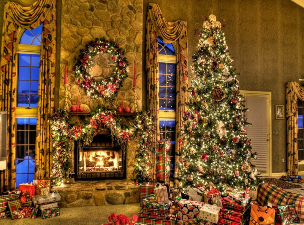 Cozy Christmas Wallpaper: Festive Wreath, Tree, and Fireplace Glow