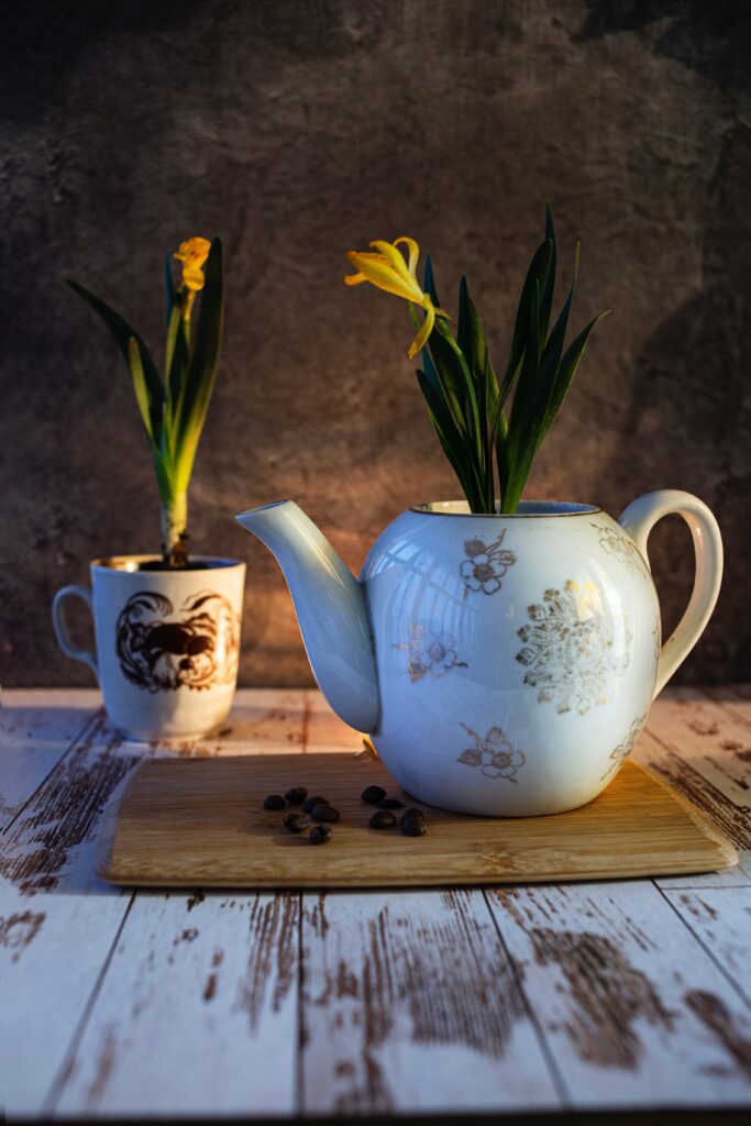 Cozy Floral Kettle & Mug Scene: Warm Homey Wallpaper Background