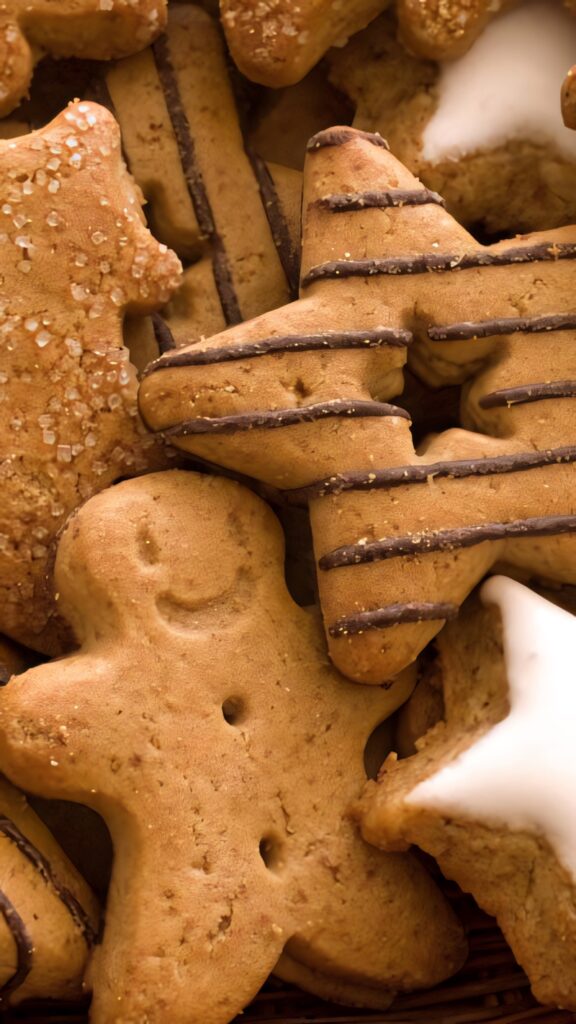 Festive gingerbread cookies wallpaper with icing chocolate drizzle sugar crystals holiday decor