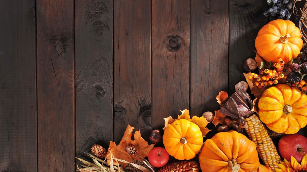 Cozy Give Thanks wallpaper with rustic wood and vibrant autumn harvest pumpkins apples corn leaves