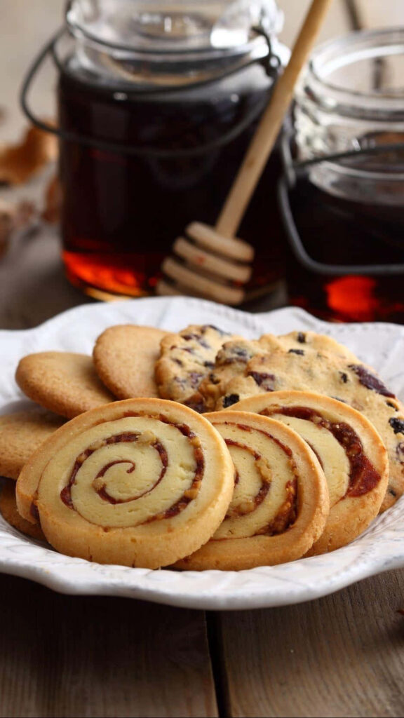 Cozy wallpaper with golden cinnamon swirl cookies on white plate rustic honey dipper jars background